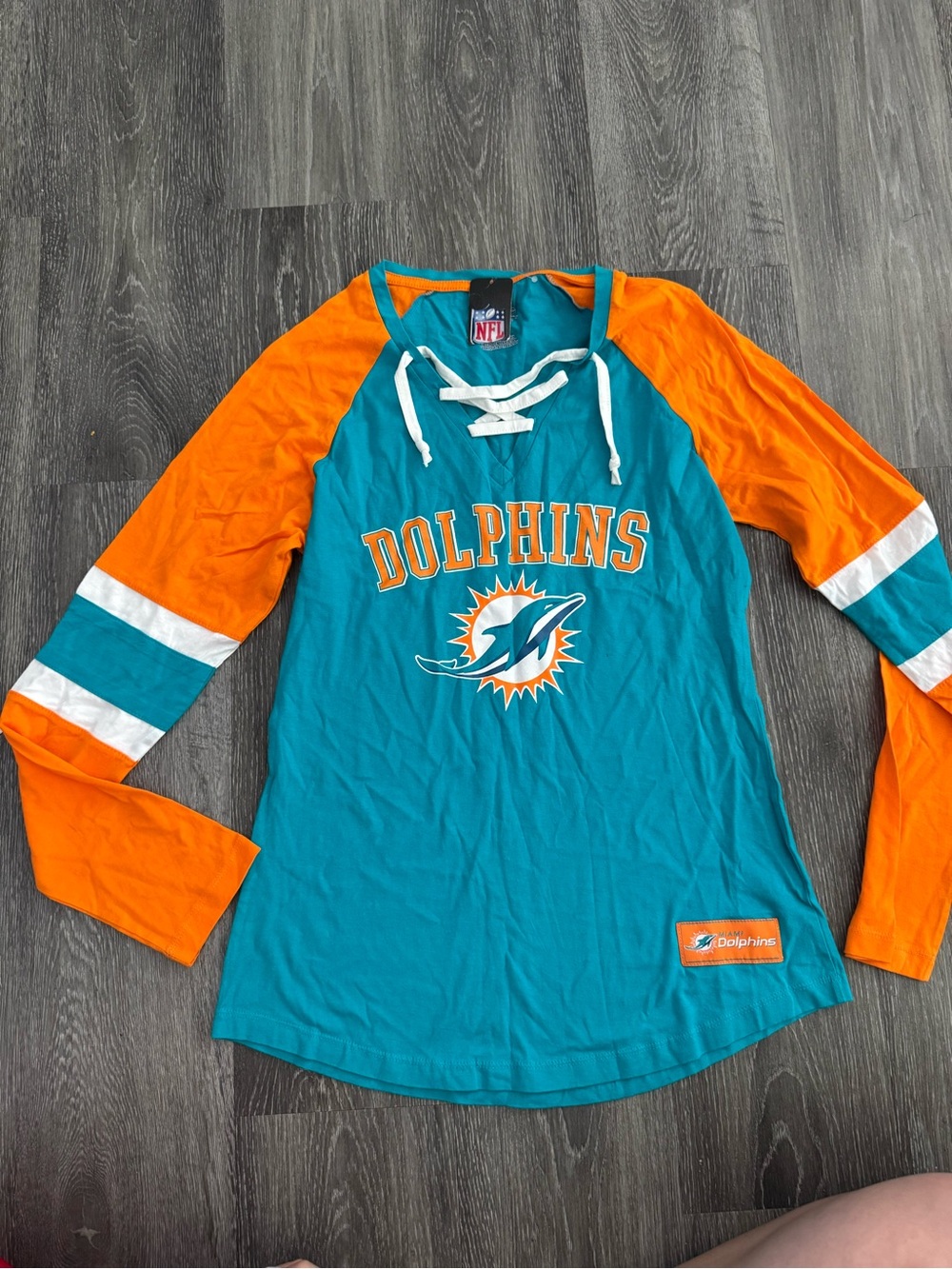 NFL Miami Dolphins Teal and Orange Lace-Up Raglan Jersey Top
